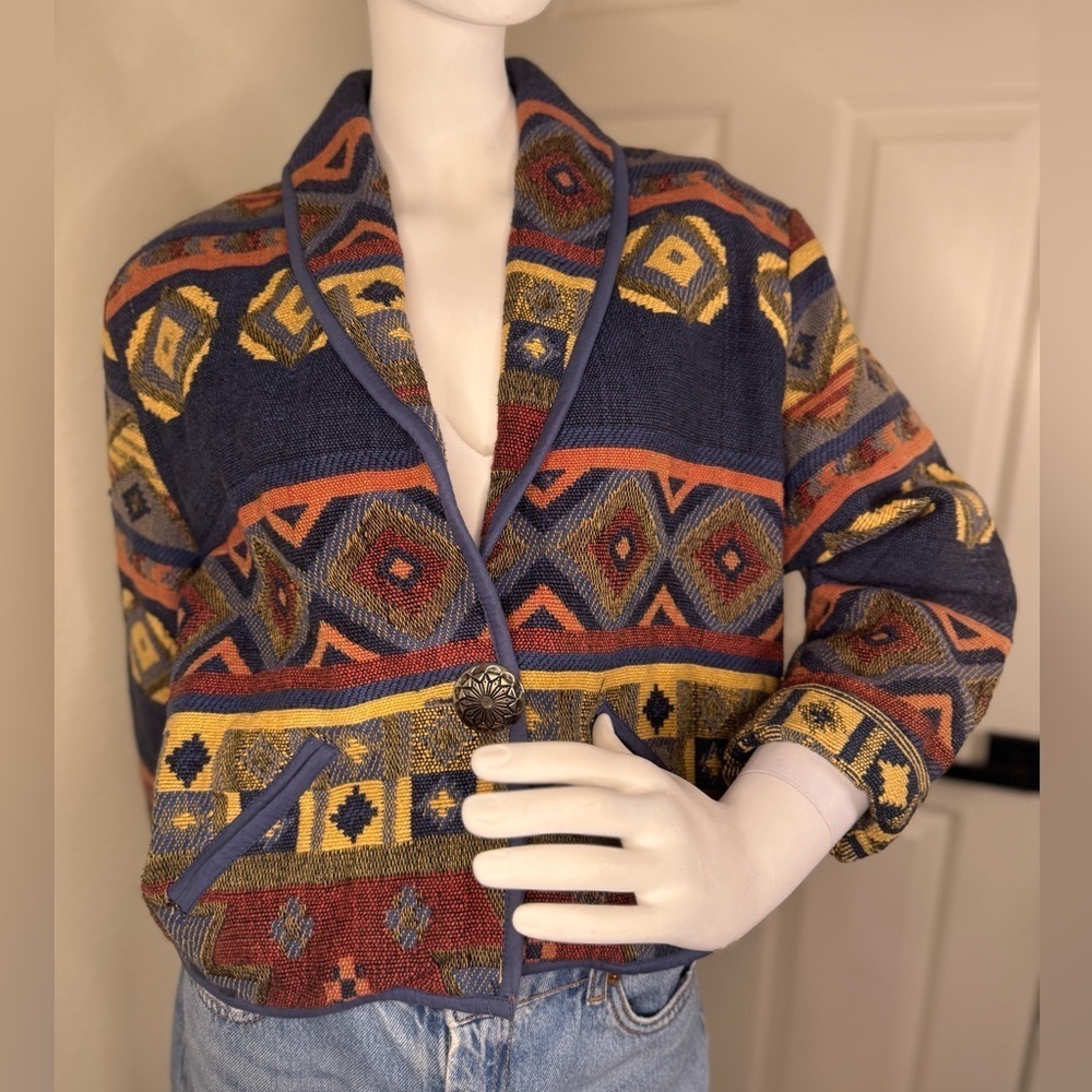 New Identity Blue and Red Geometric Blazer with Open Front Western Style.